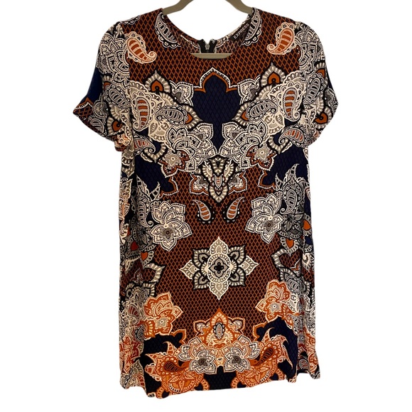 Express Short Sleeve Navy & Burnt Orange Arsty Rayon Paisley Shift Dress - Picture 2 of 11
